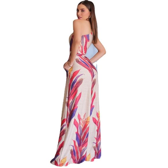 Elegant Summer Pattern Print One Shoulder Sleeveless Formal Loose Pants Jumpsuit - Picture 4 of 6